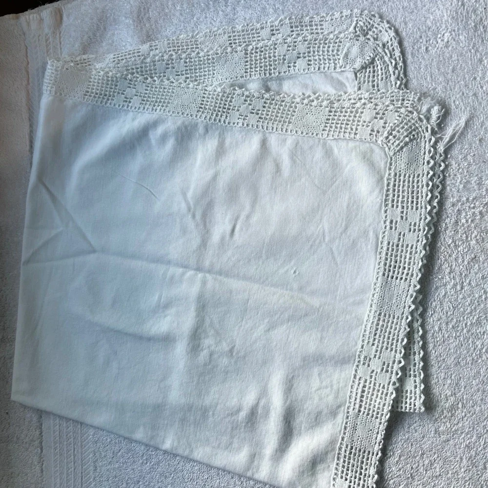 Vintage 3pc Table Linens White Hand Embroidered Lace Monogram M Floral Victorian